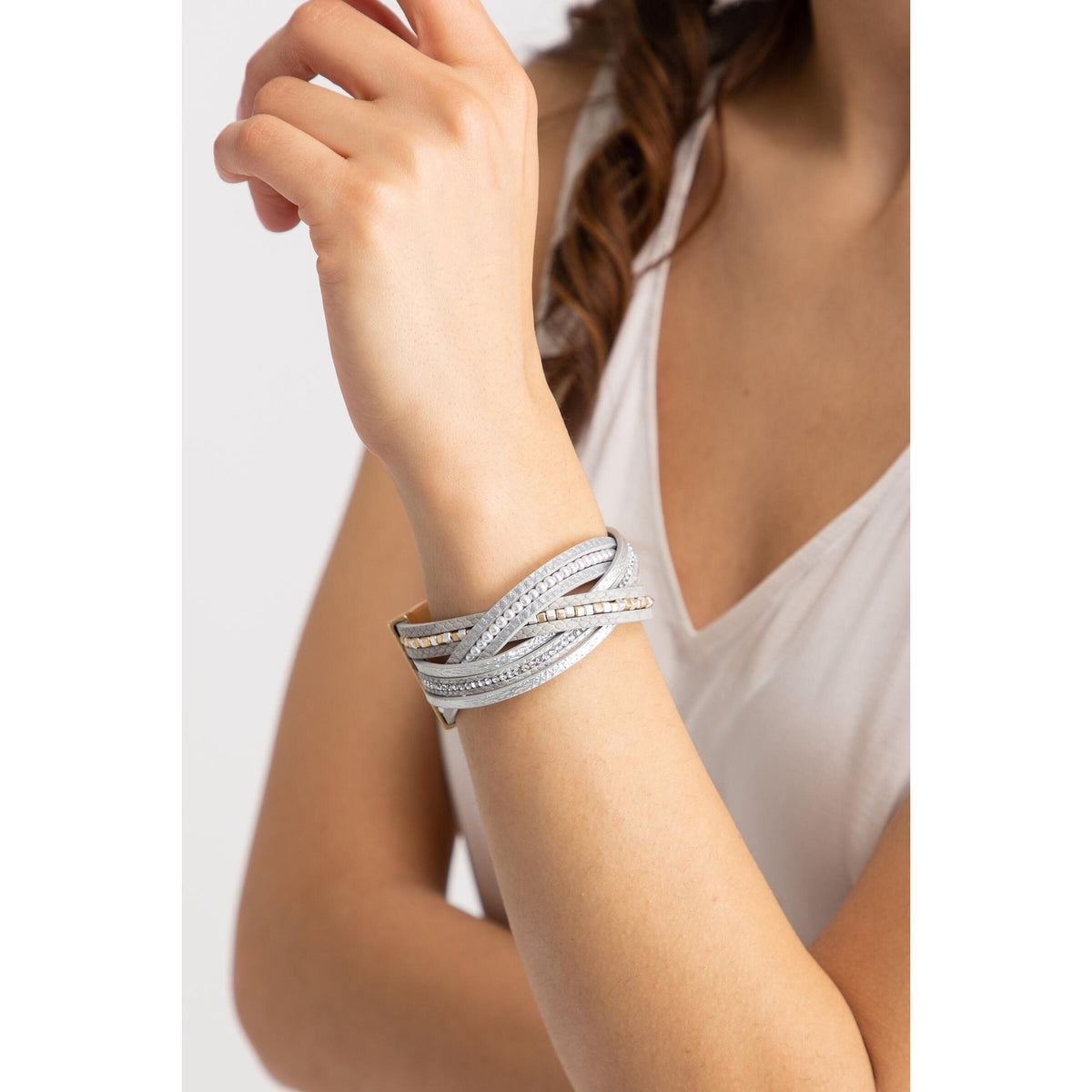 Stark Mixed Bead Leather Bracelet- Grey — alternate view 3