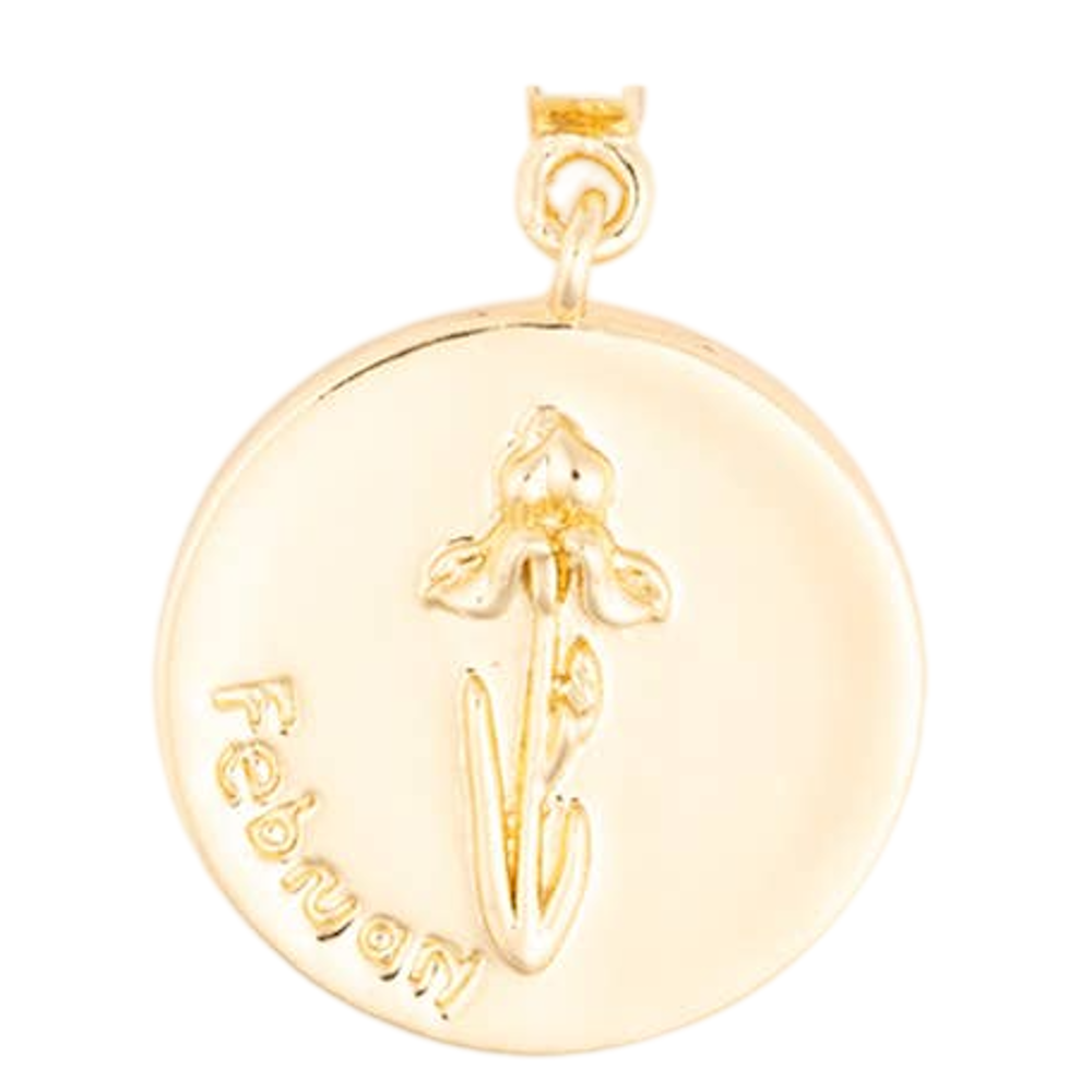 Round gold pendant charm featuring an engraved violet flower and the word "February".