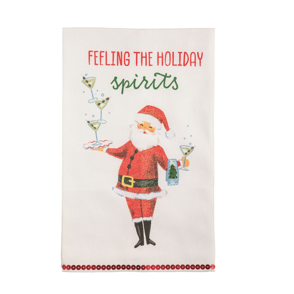 Festive kitchen towel with Santa holding cocktails and the text "Feeling the holiday spirits".