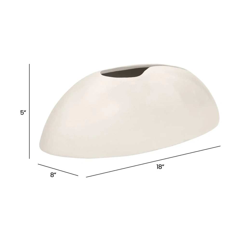 A smooth, off-white, oval ceramic vase with an open top, labeled with dimensions: 5", 8", and 18".