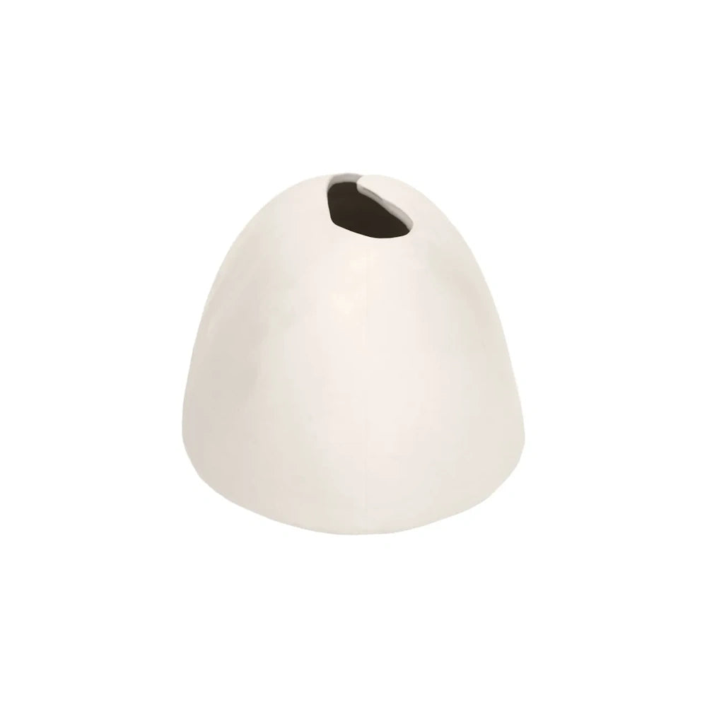 Side view of a white, dome-shaped ceramic vase featuring a smooth, matte finish and a top opening.