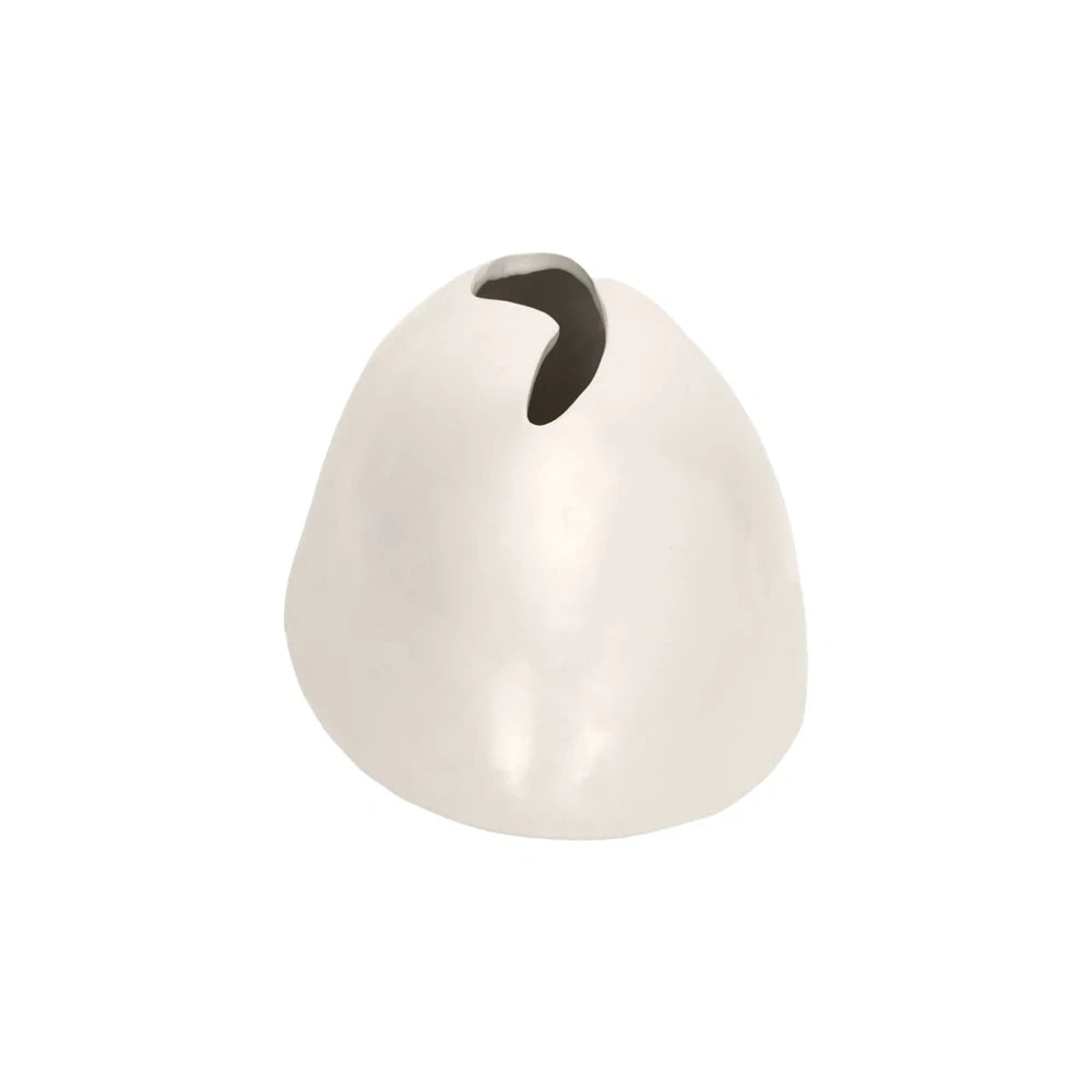 A smooth, white, dome-shaped ceramic vase with a narrow, organic top opening on a solid white background.