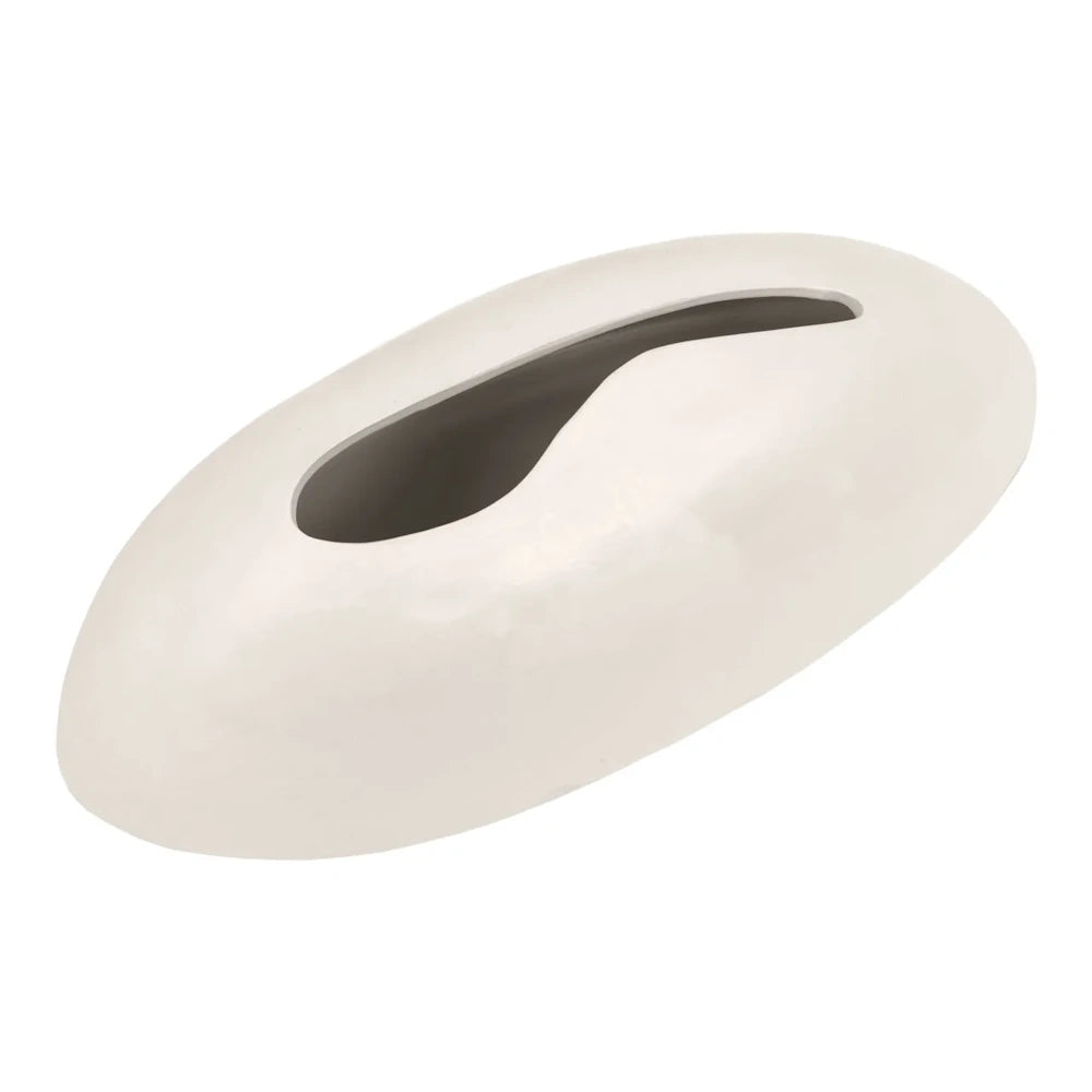 Top view of a white, smooth oval-shaped vase featuring a wavy, organically shaped opening on top.