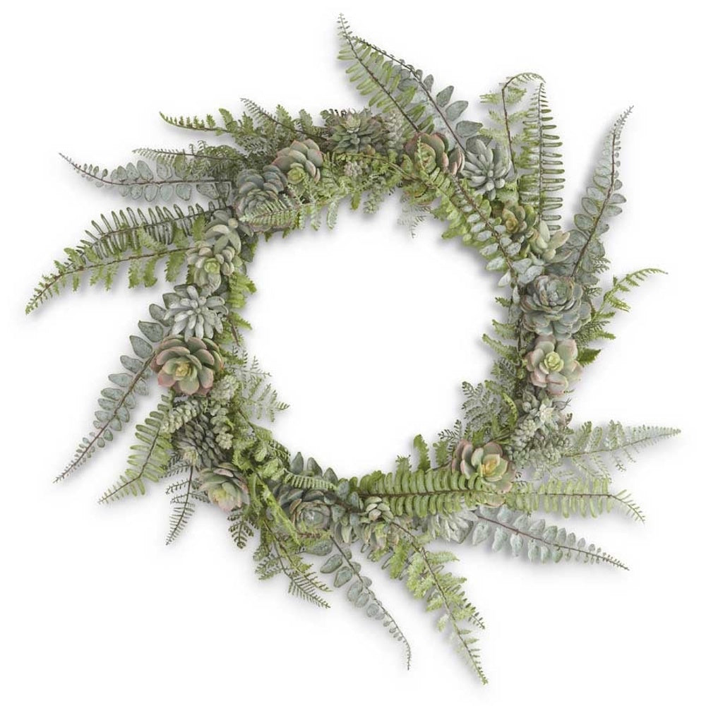 A circular green wreath composed of various faux succulents, ferns, and textured leaves on a white background.