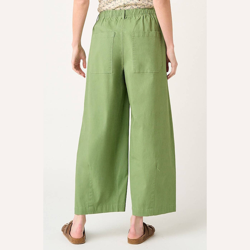 Fern green wide-barrel leg pants with elastic drawstring waist and back pockets, styled with brown sandals.