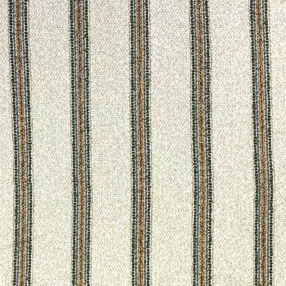 Woven fabric with vertical stripes in green, brown, and cream.