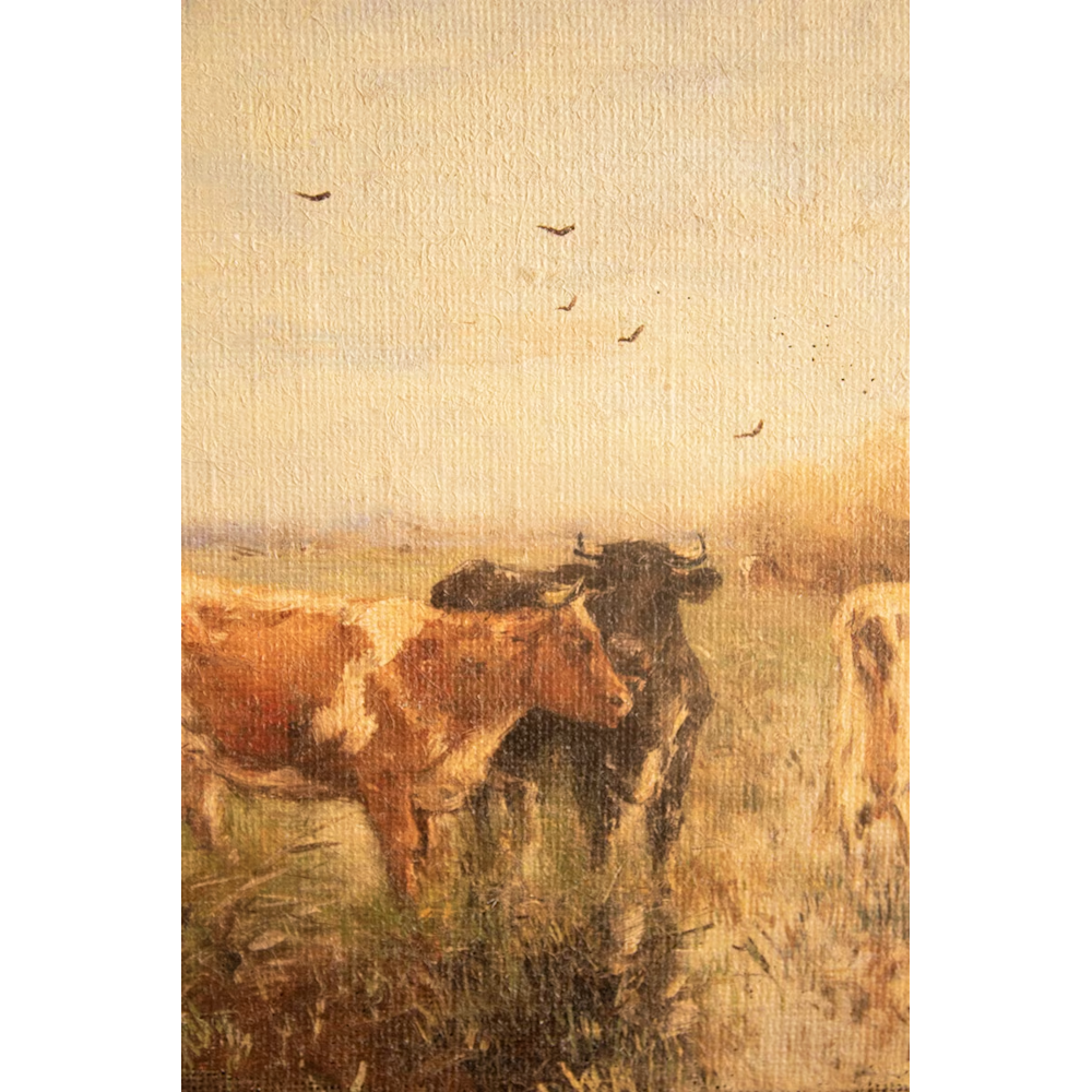 Close-up of cows standing in a grassy field in a pastoral canvas painting on burlap.