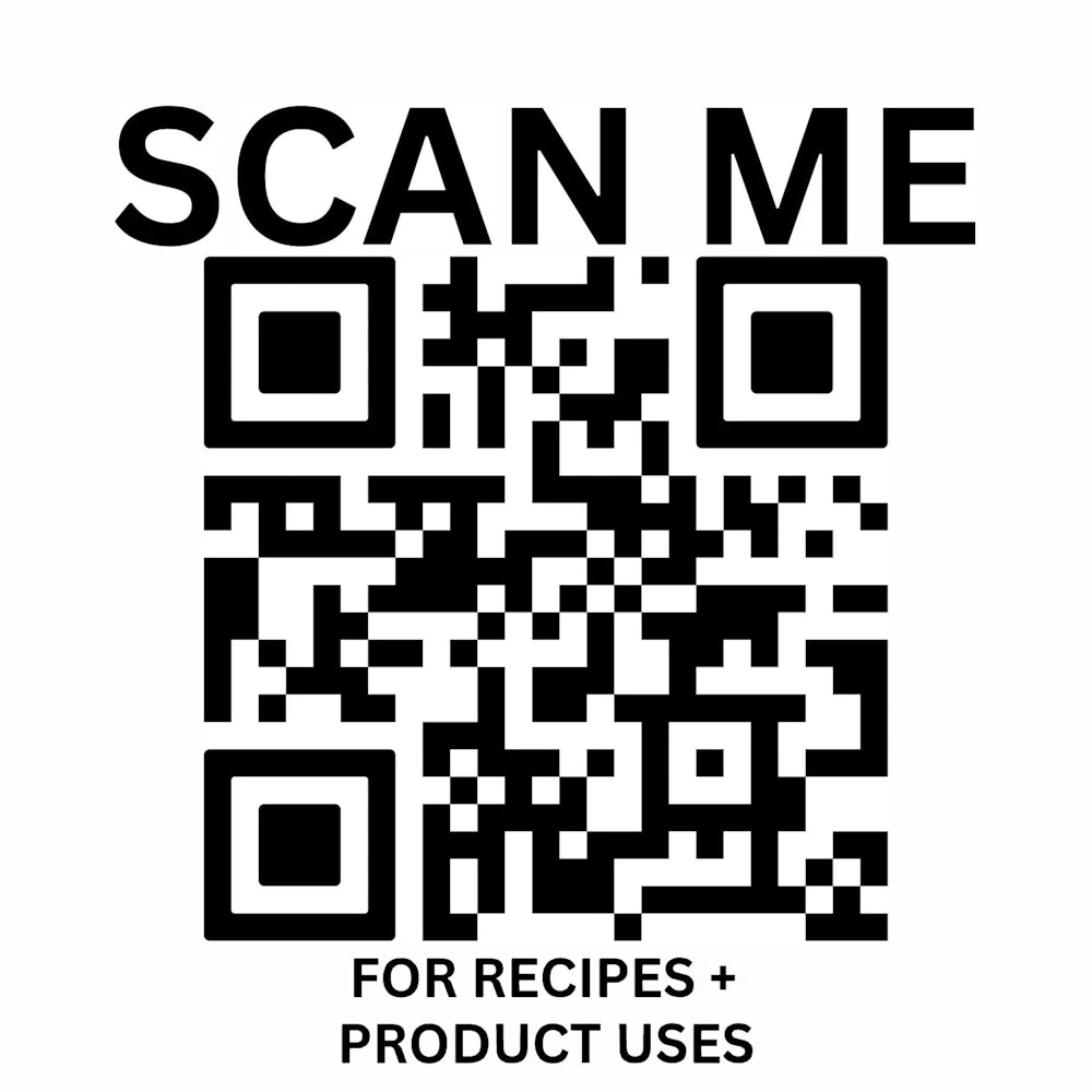 QR code with "SCAN ME" text above and "FOR RECIPES + PRODUCT USES" below on a white background.