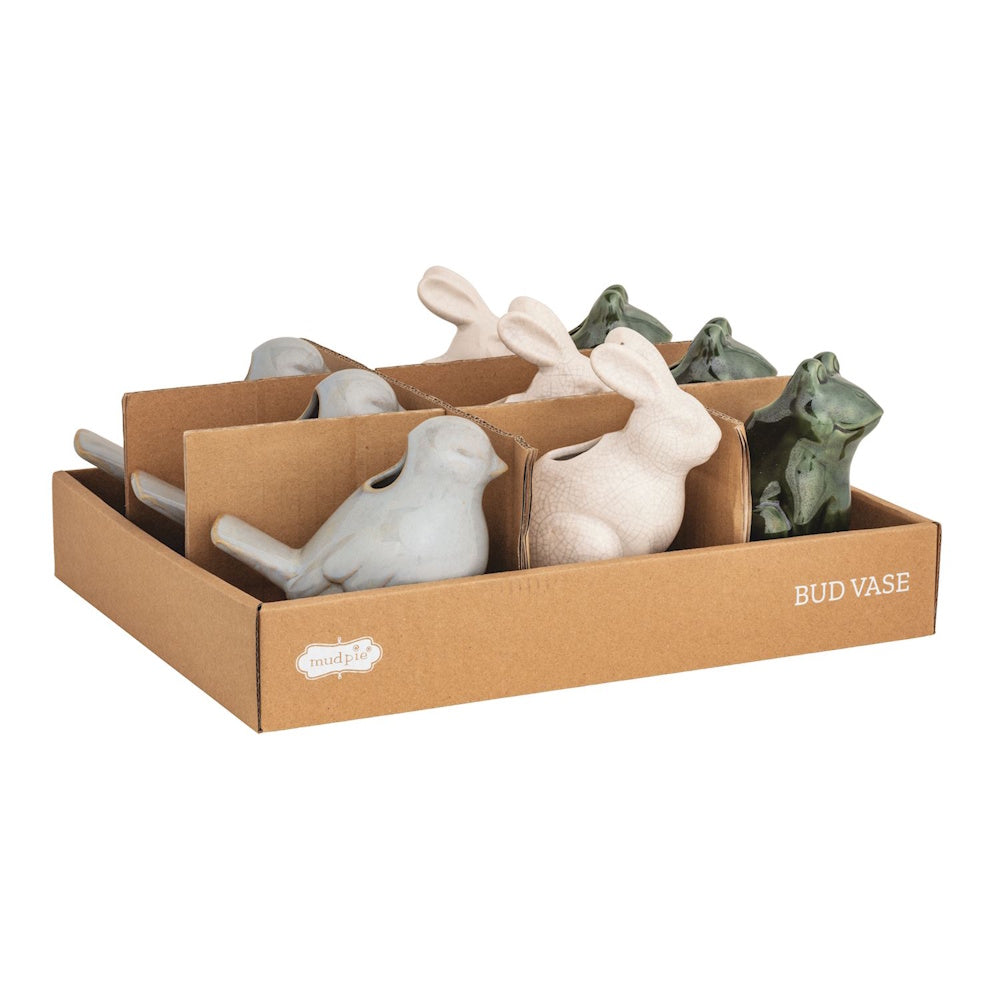 Mud Pie figural animal bud vases in a cardboard display box, featuring ceramic bird, bunny, and frog designs.
