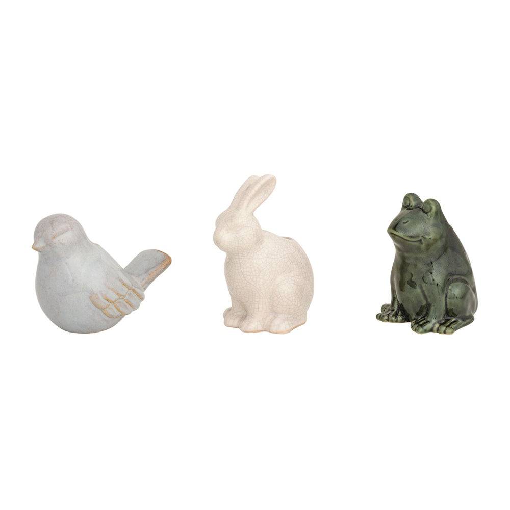 Set of three ceramic figural animal bud vases including a light blue bird, white crackle rabbit, and dark green frog.