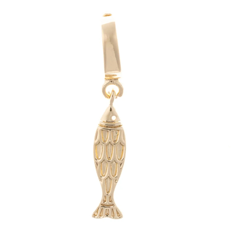 Gold fish pendant charm with scale texture details hanging vertically on a white background.