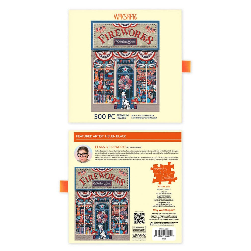 Front and back of a 500-piece puzzle box featuring an illustrated storefront decorated with American flags.