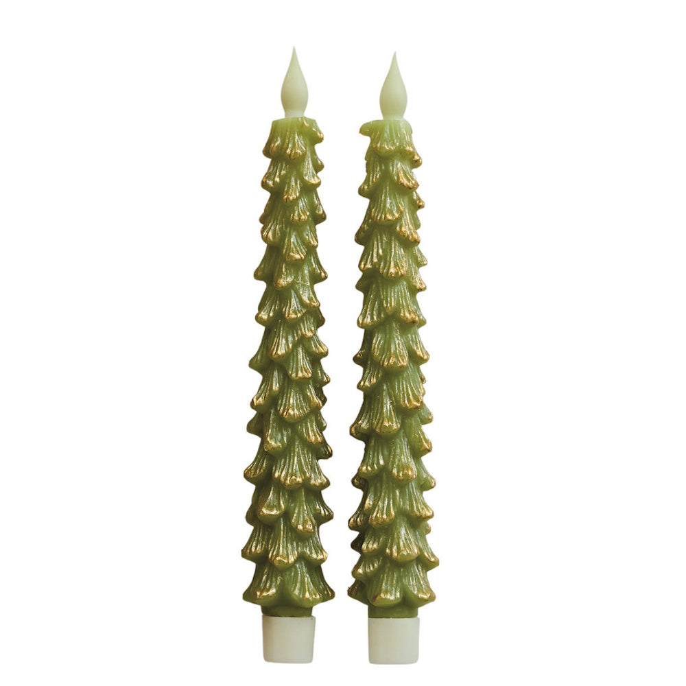 Pair of green tree-shaped flameless LED taper candles with gold accents.
