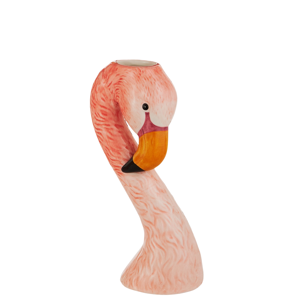 Ceramic vase shaped like a flamingo with a curved neck and pink feathers. The flamingo's head is tilted with a bright orange beak, conveying elegance.