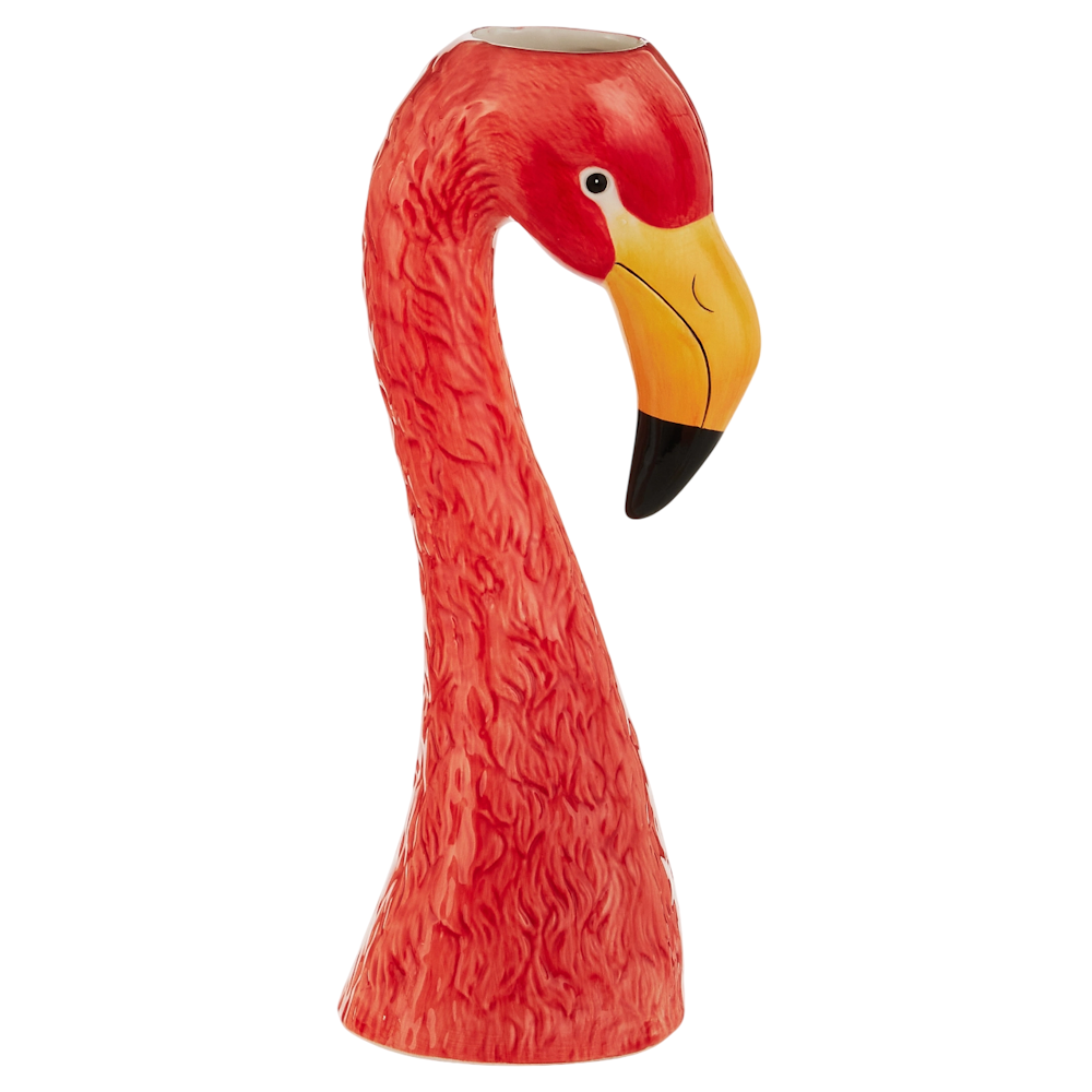 A ceramic vase shaped like a flamingo's head and neck, featuring bright red plumage and a long, curved orange beak with a black tip.