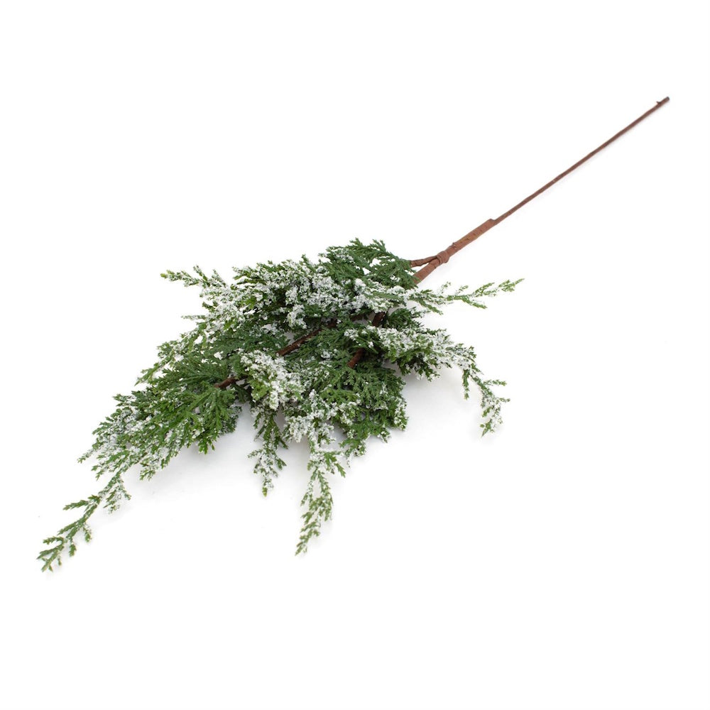 Artificial green pine spray with faux snow flocking on a brown stem on white background.