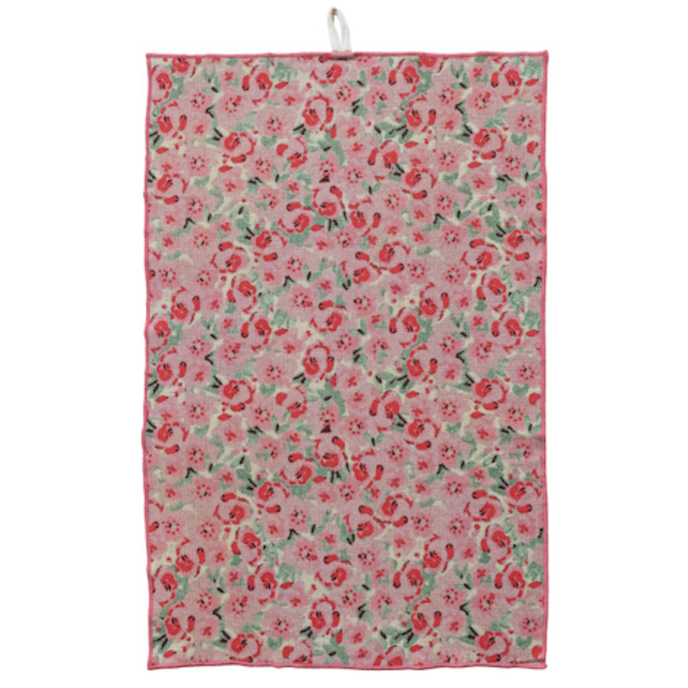 A pink floral cotton printed terry cloth tea towel.