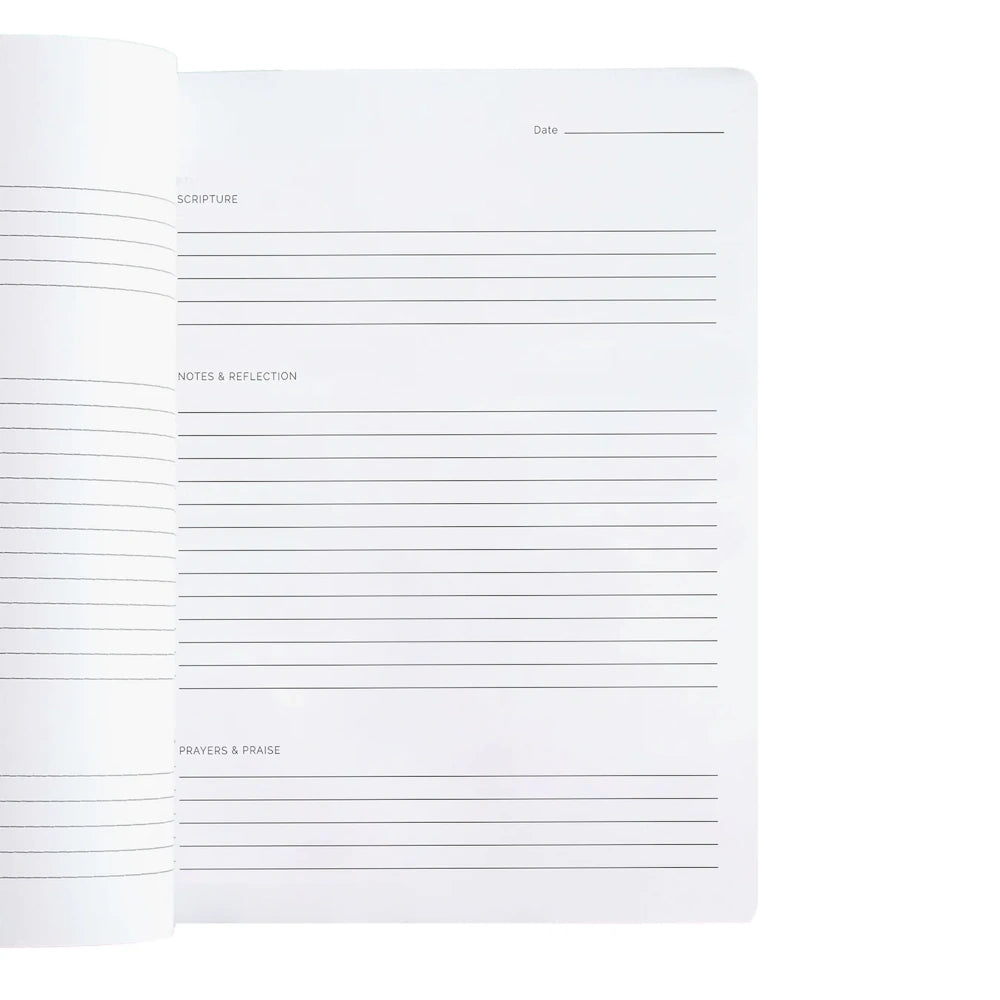 Open Bible study journal page with sections for Scripture, Notes & Reflection, and Prayers & Praise.