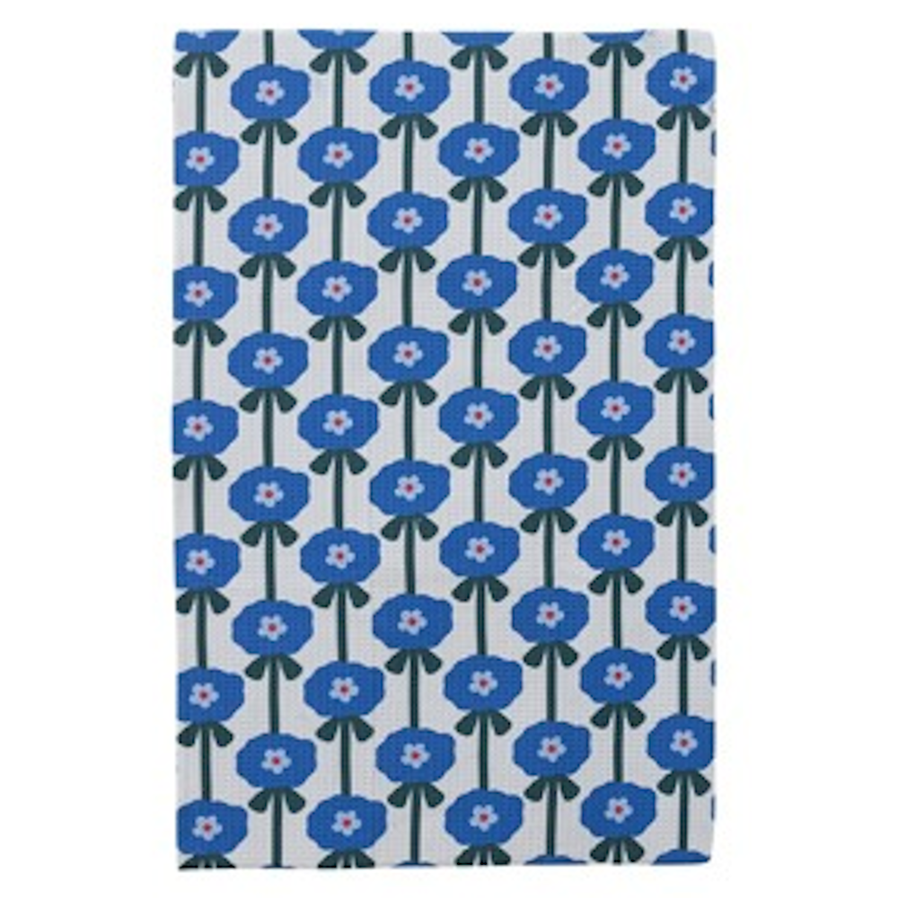 Microfiber kitchen towel featuring a repeating retro blue flower pattern on long green stems.