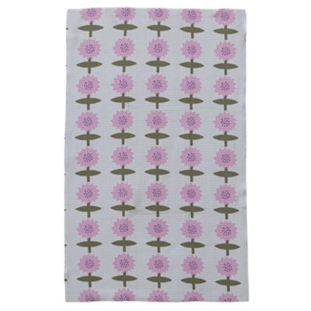 Flat tea towel featuring a repeating pattern of pink flowers with green stems on a white background.