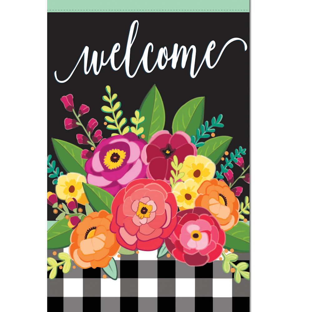 A decorative flag with the word "welcome" above colorful flowers and a black and white checkered pattern.