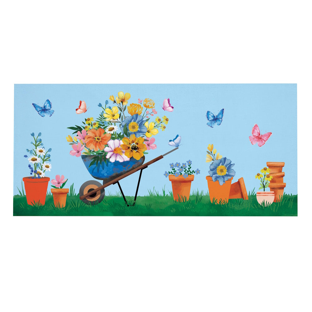 Colorful garden scene with a blue wheelbarrow of flowers, potted plants, and butterflies against a bright blue background.