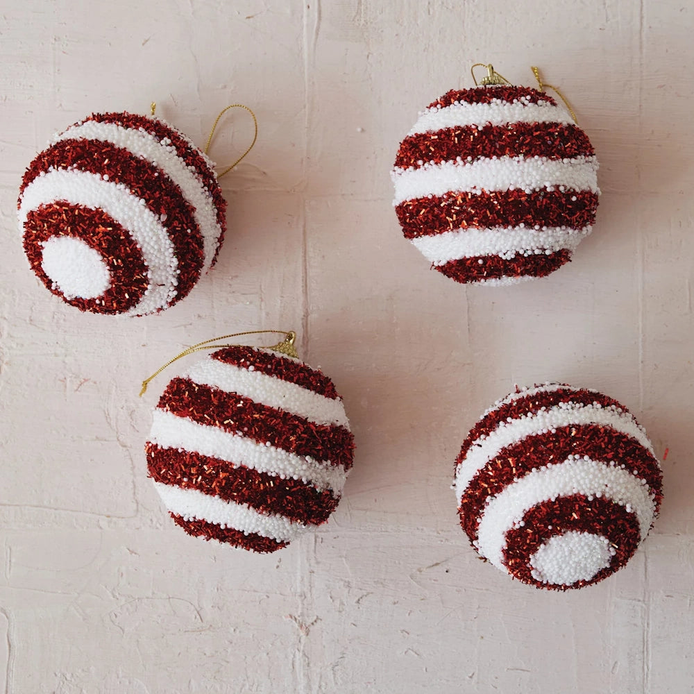 Foam Ball Striped Ornaments with Beads & Tinsel