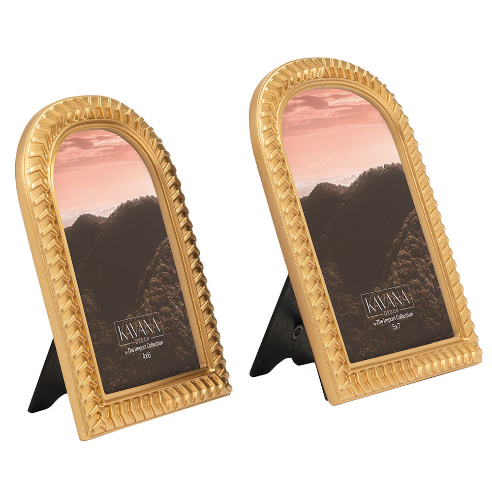 Two gold arched picture frames with textured borders, sizes 4x6 and 5x7, displaying landscape mountain prints.