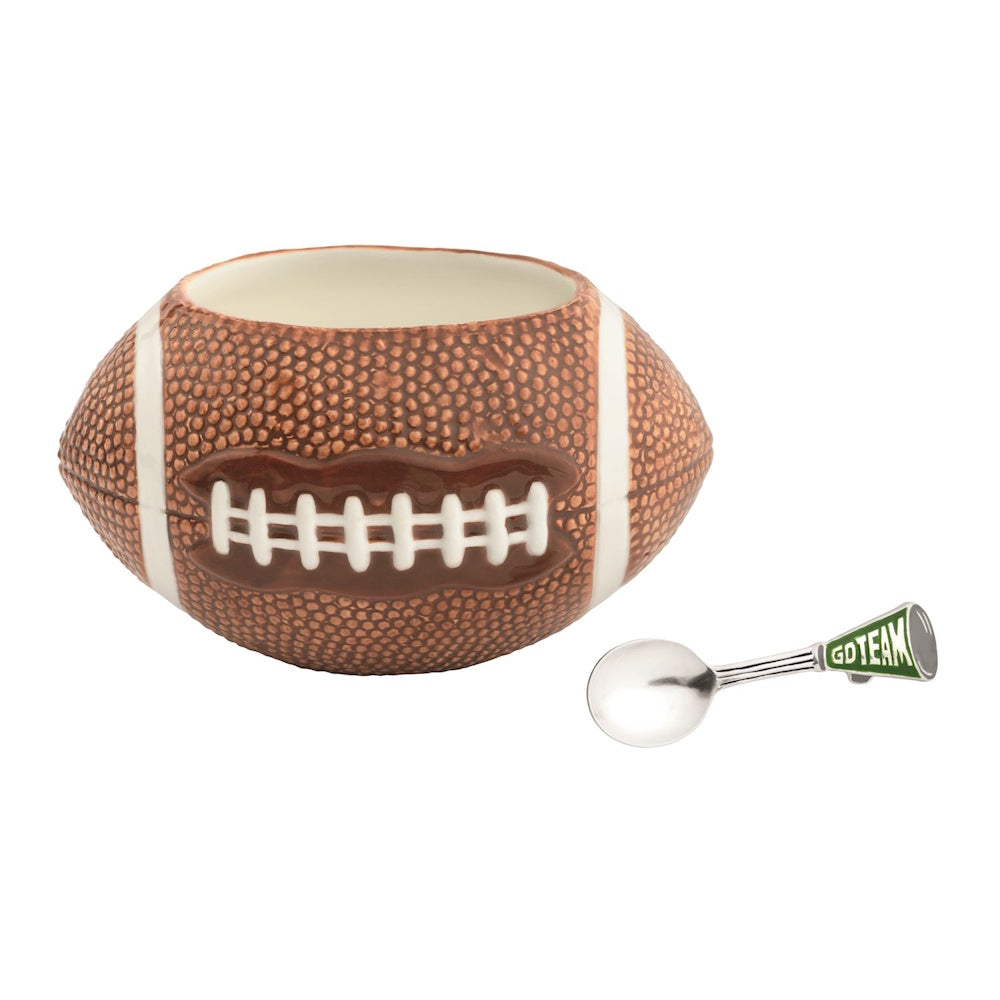 Ceramic football-shaped dip bowl with a matching silver spoon featuring a green megaphone handle.