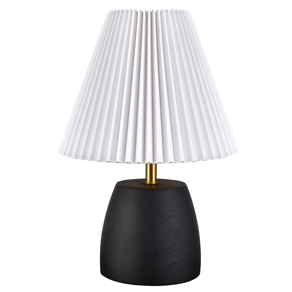 Modern table lamp with a pleated white fabric shade and a dark wood base for elegant home decor lighting.