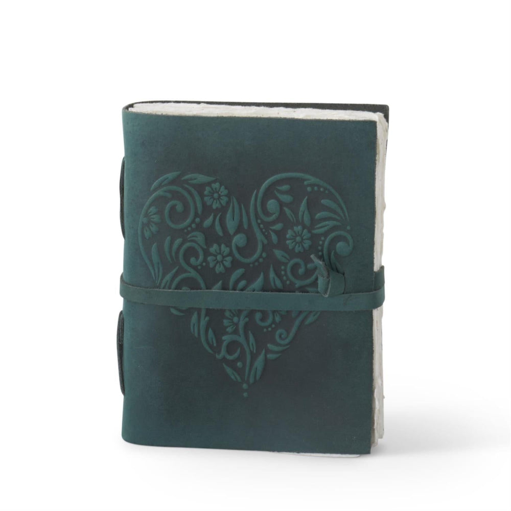 Forest green leather journal with embossed floral heart design, deckle edge paper, and wrap-around tie closure.