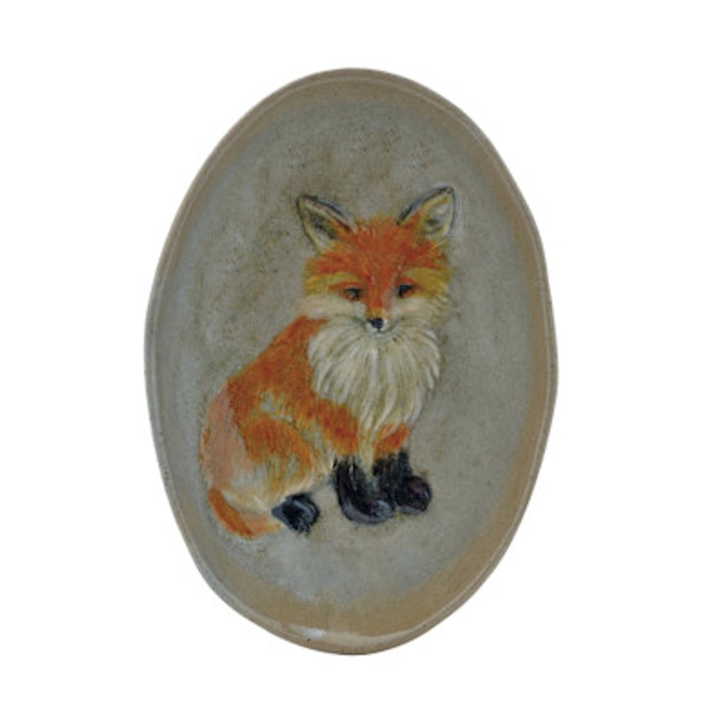 Oval ceramic plate featuring a hand-painted orange fox in the center.
