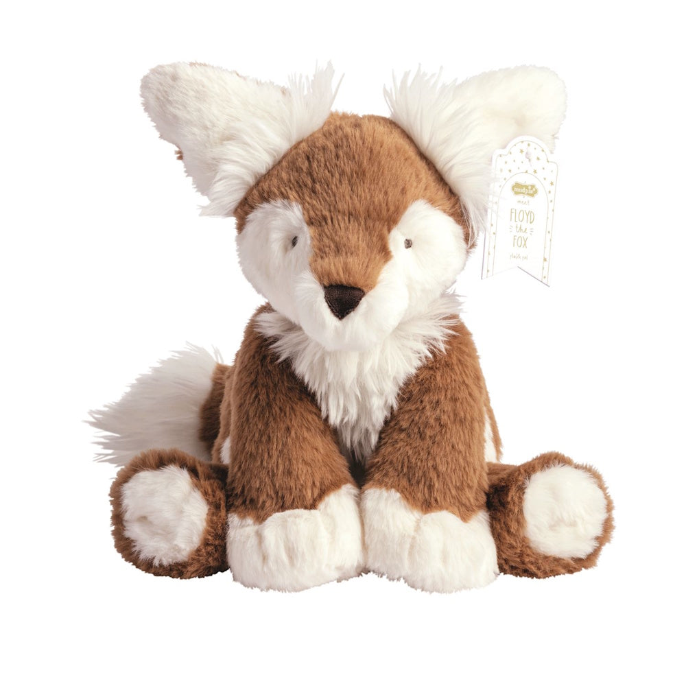 Plush fox toy with fluffy brown and white fur, large tufted ears, white paws, and a soft tail.