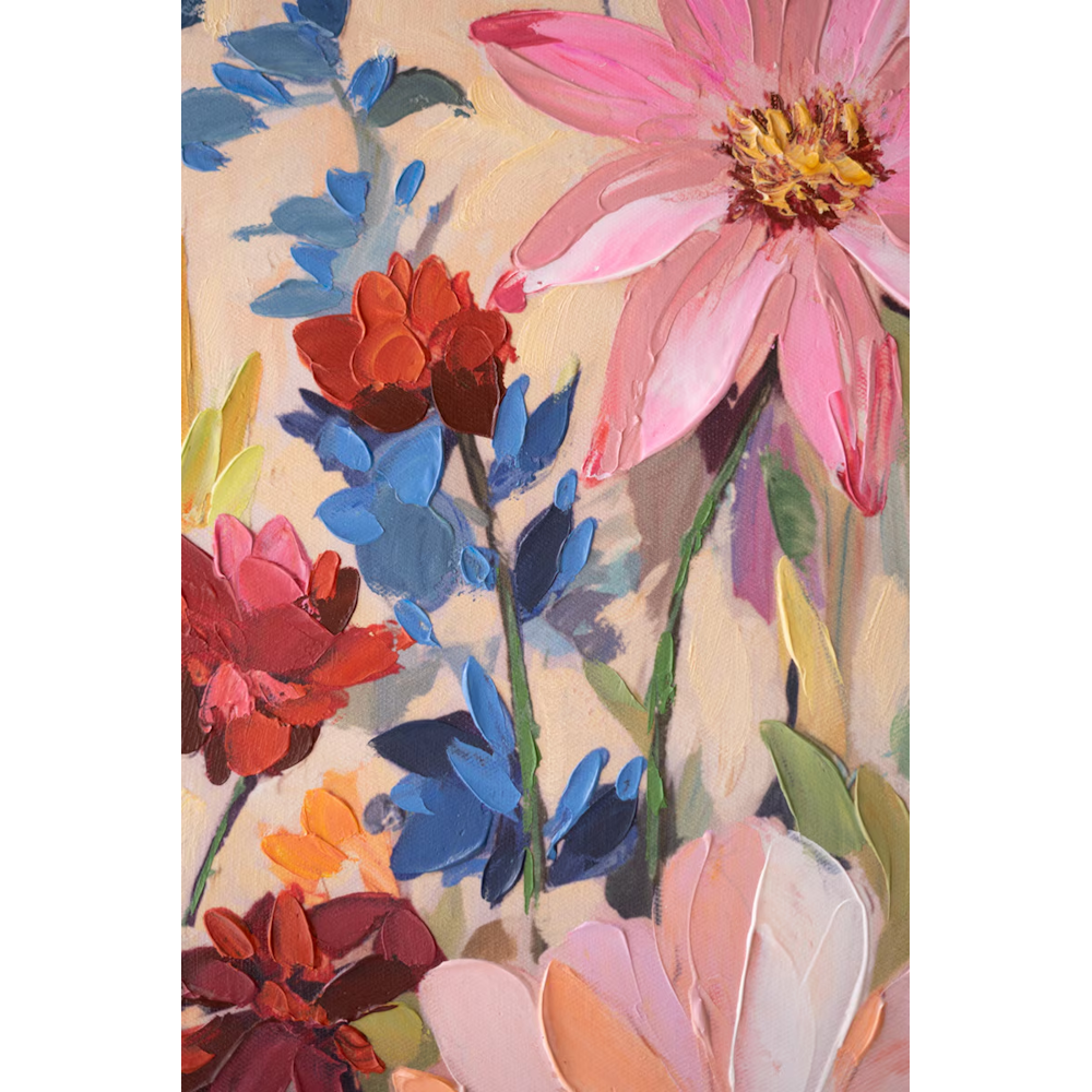 Close-up detail of textured impasto painted wildflowers in vibrant shades of pink, red, and blue.