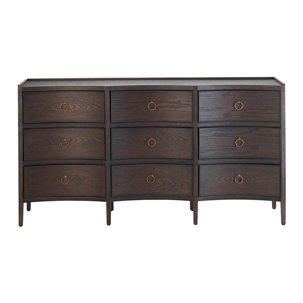 Dark espresso wood dresser with nine curved drawers and antique brass ring pulls, for bedroom furniture.