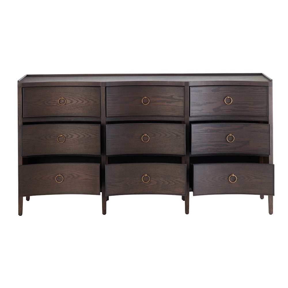 Dark wood 9-drawer dresser with curved front and gold ring pulls.