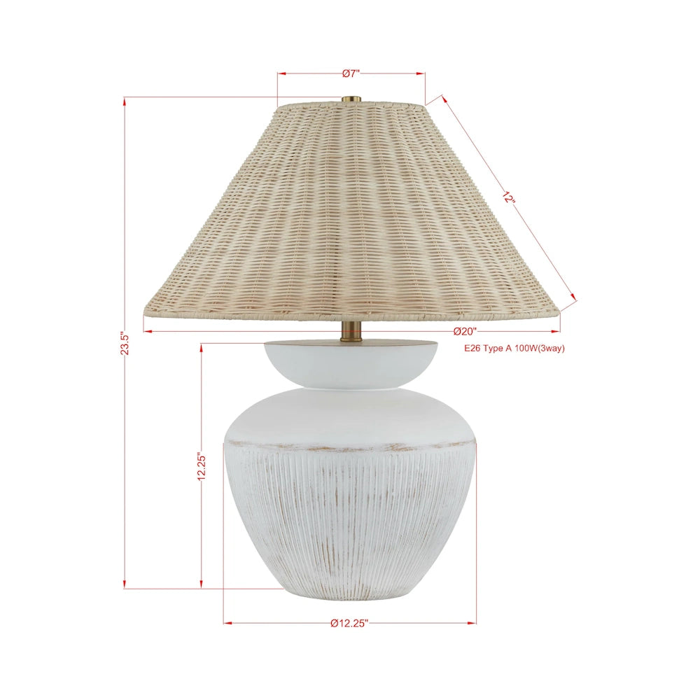 White textured ceramic table lamp with woven rattan shade and product dimensions for home decor.