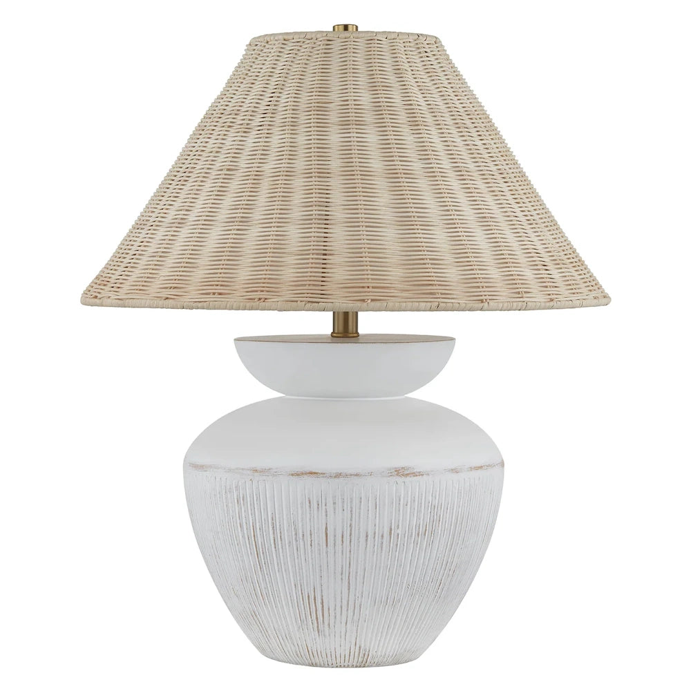 White textured ceramic table lamp with a woven rattan shade and gold neck, perfect for coastal or boho home decor.