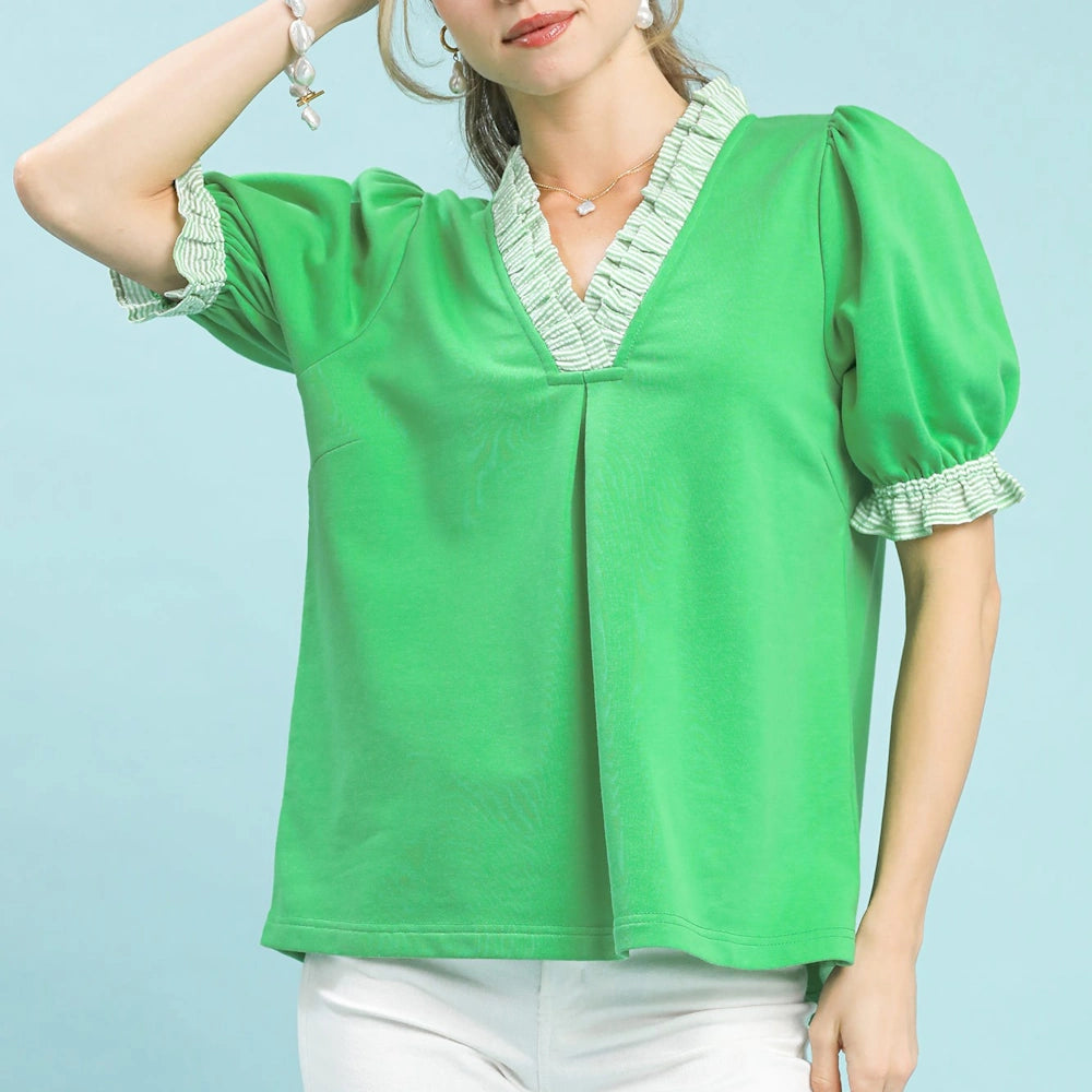 Women's green puff sleeve top with French terry fabric, striped ruffle V-neck trim, and short sleeves.