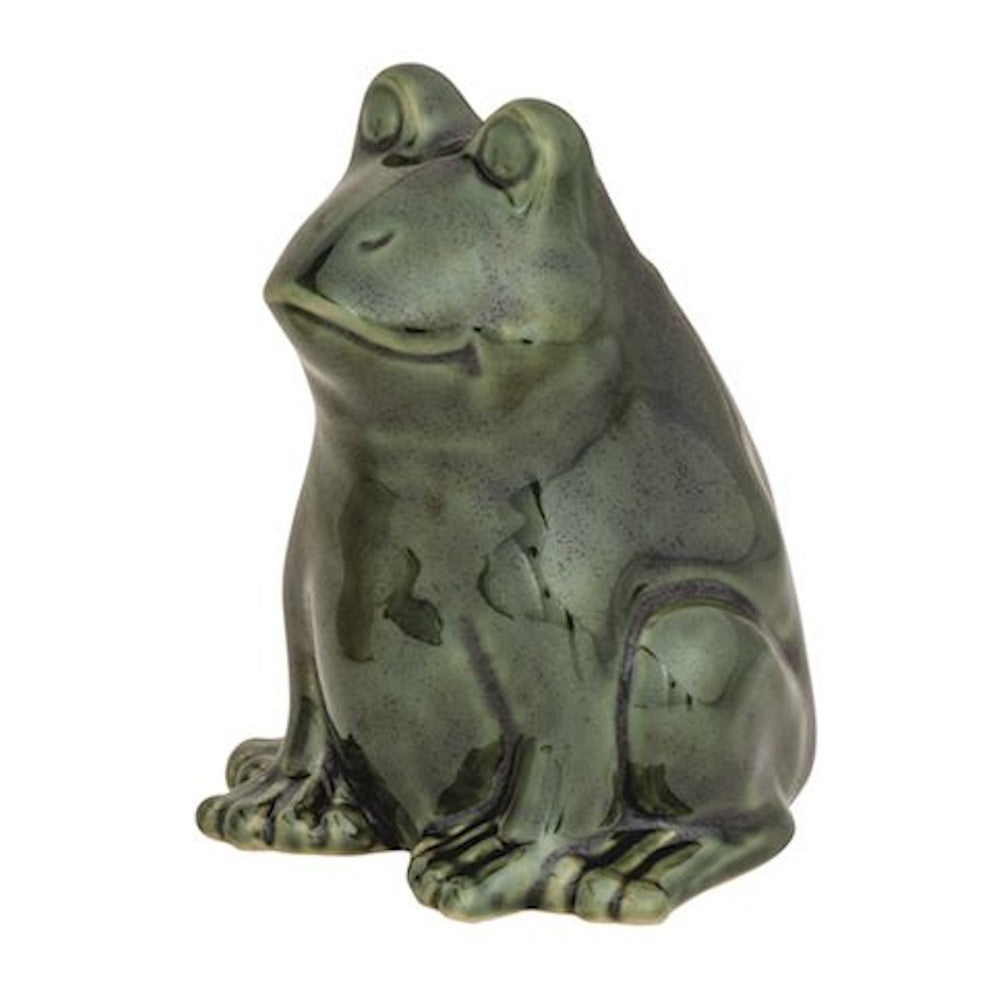 Green ceramic frog bud vase with a glossy finish and mottled texture.