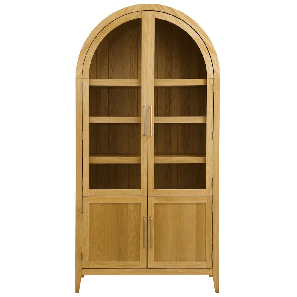 Arched light oak display cabinet with glass doors, wooden shelves, and lower storage cupboards.