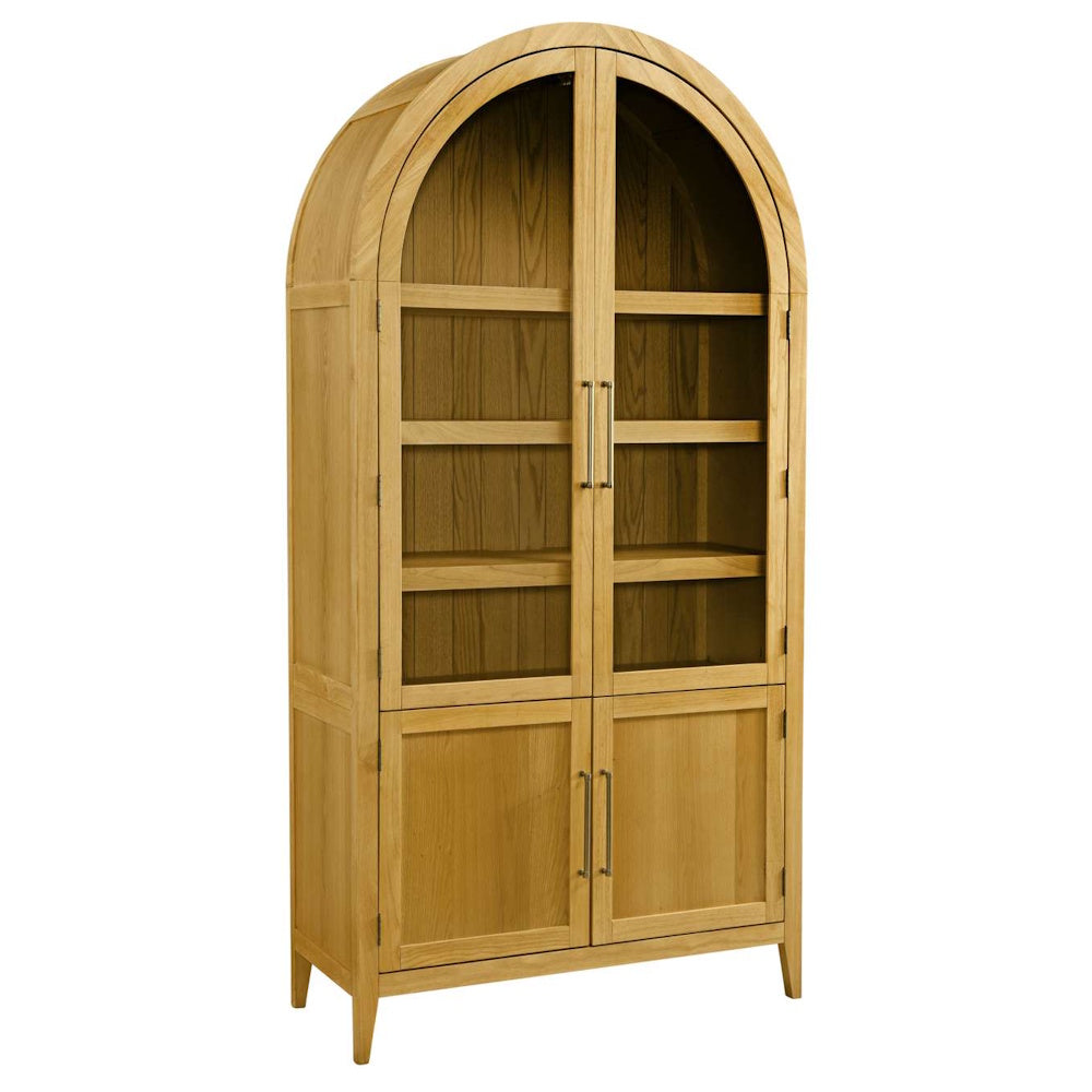 Arched oak display cabinet with glass doors, interior shelving, and bottom storage cupboards on a white background.
