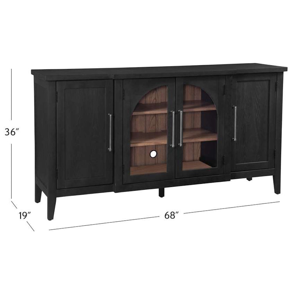 Black 68-inch media console with four doors, arched glass windows, and silver handles on a white background.