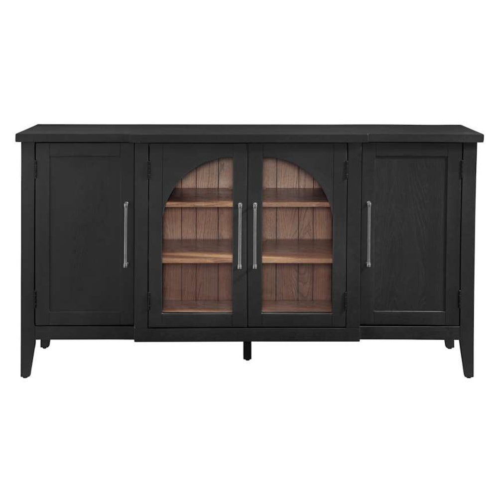 Black wooden sideboard with four doors, including two arched glass center doors revealing wooden shelves.