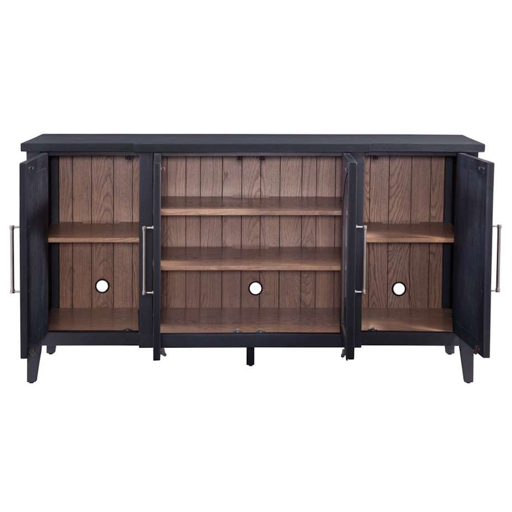 Black wood sideboard with four open doors revealing a natural wood interior and adjustable shelves.