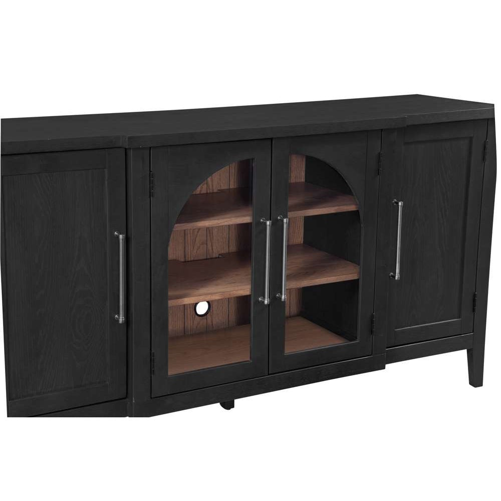 Black wood sideboard with arched glass center doors, wood interior shelves, and silver handles.