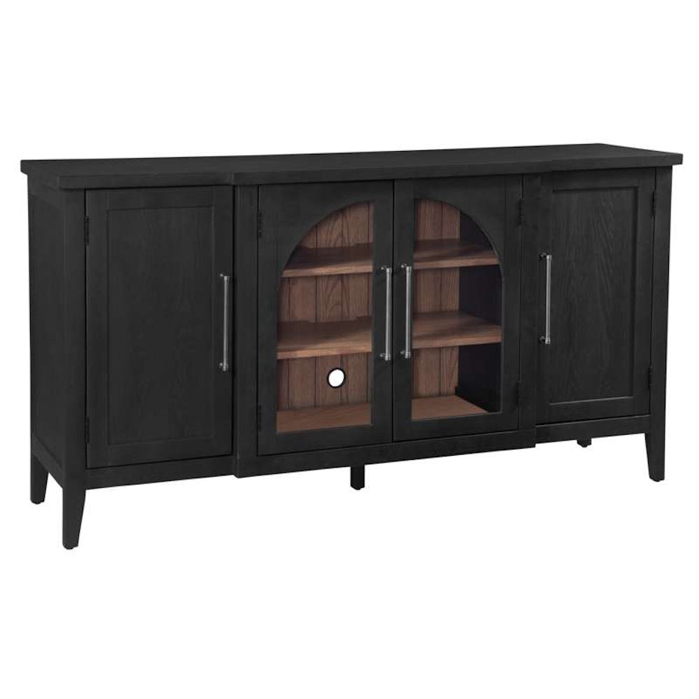 Black wood sideboard with two solid doors and two arched glass doors featuring interior wooden shelves.
