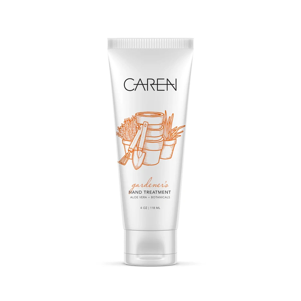 Caren Gardener’s Hand Treatment 2 oz tube with orange illustrations of potted plants and gardening tools.