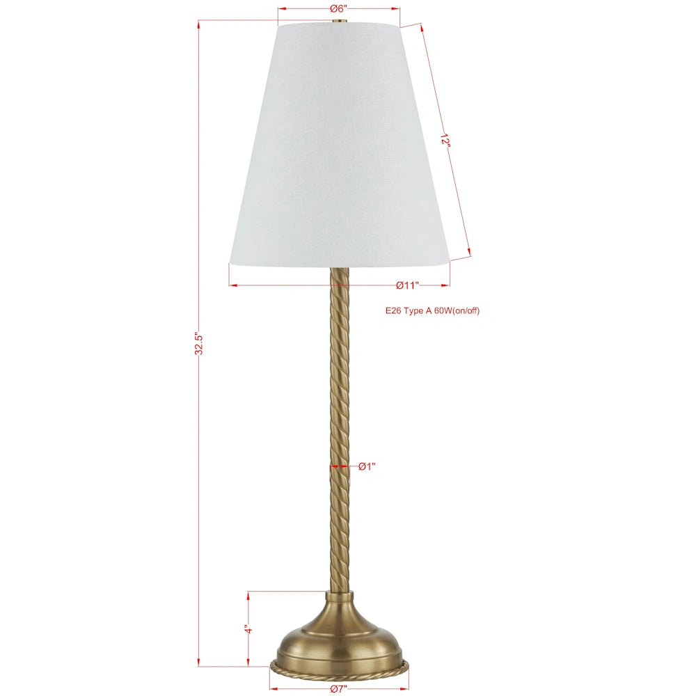 Gold rope twist buffet lamp with a white tapered drum shade and dimensions for interior design planning.