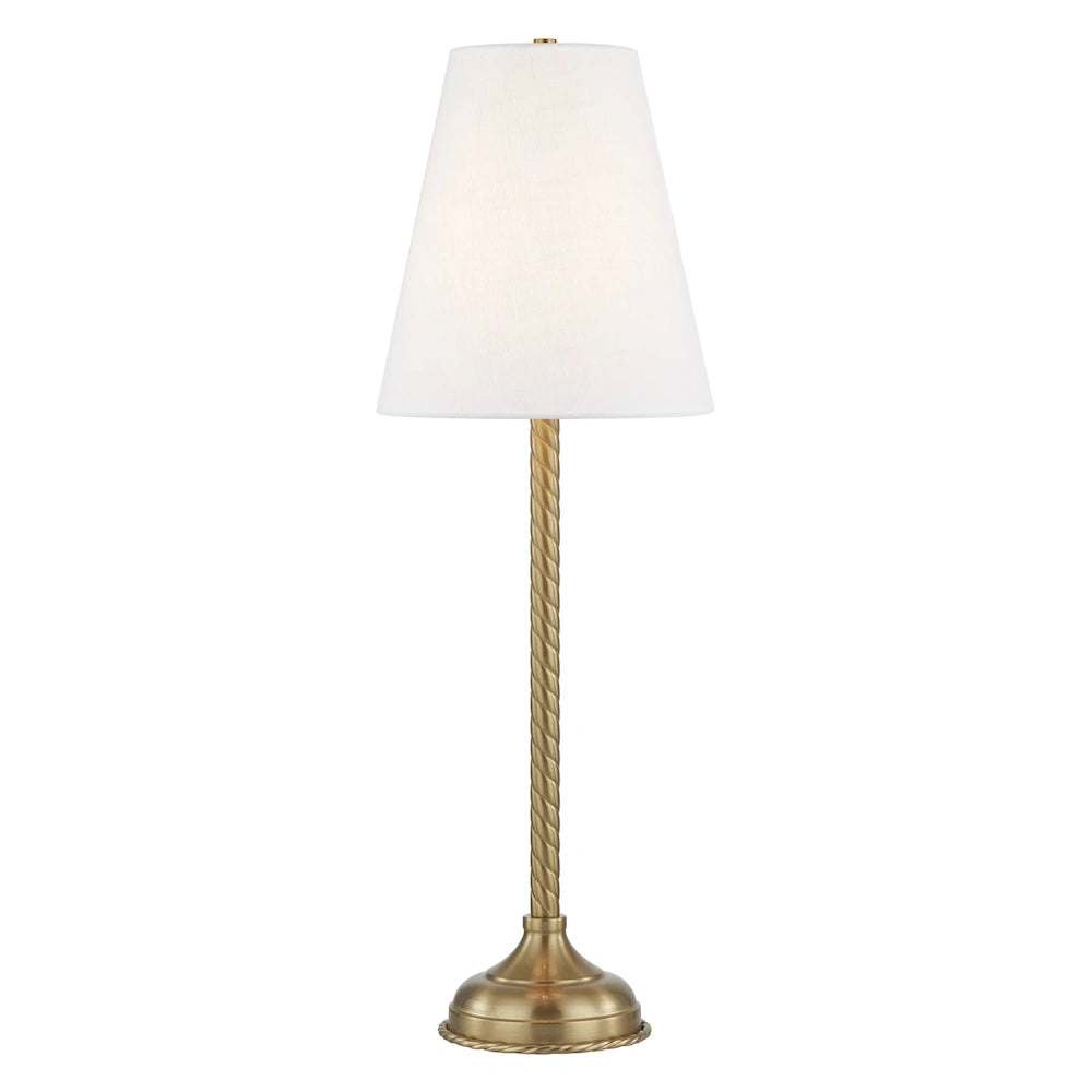 Elegant brass buffet lamp with a twisted rope stem and a tapered white linen fabric shade on a white background.